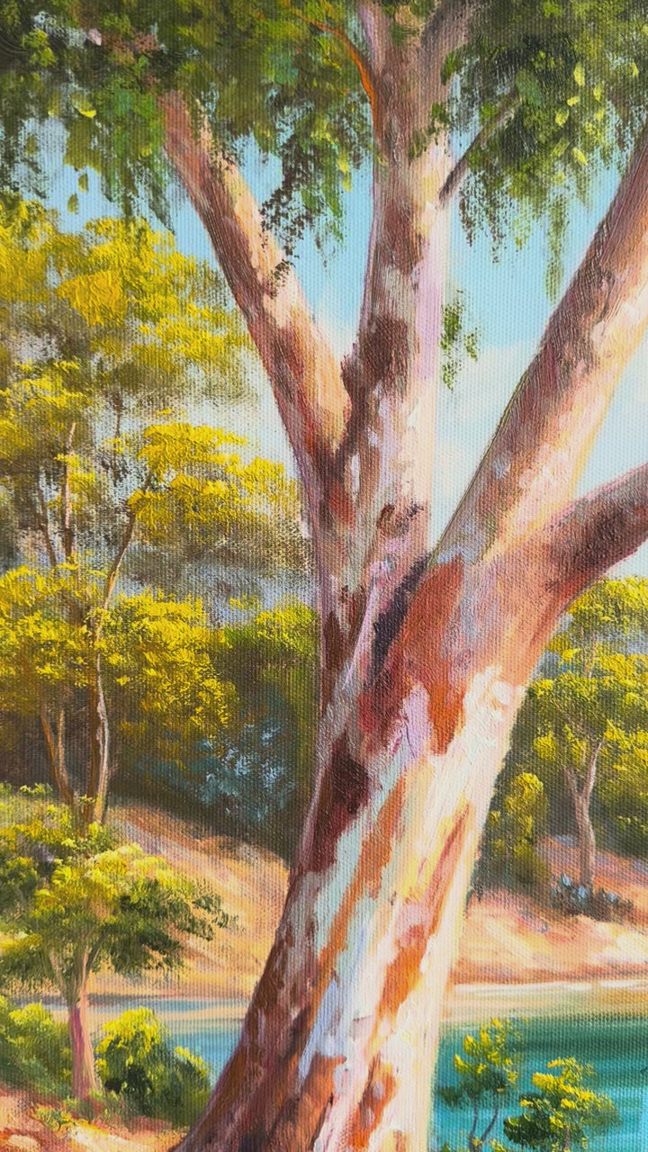 Original Australian Lake Landscape Oil Painting - 60x90cm - Bright Coastal River Scene with Mountains, Colourful Nature Art - video of close up of detail of oil painting