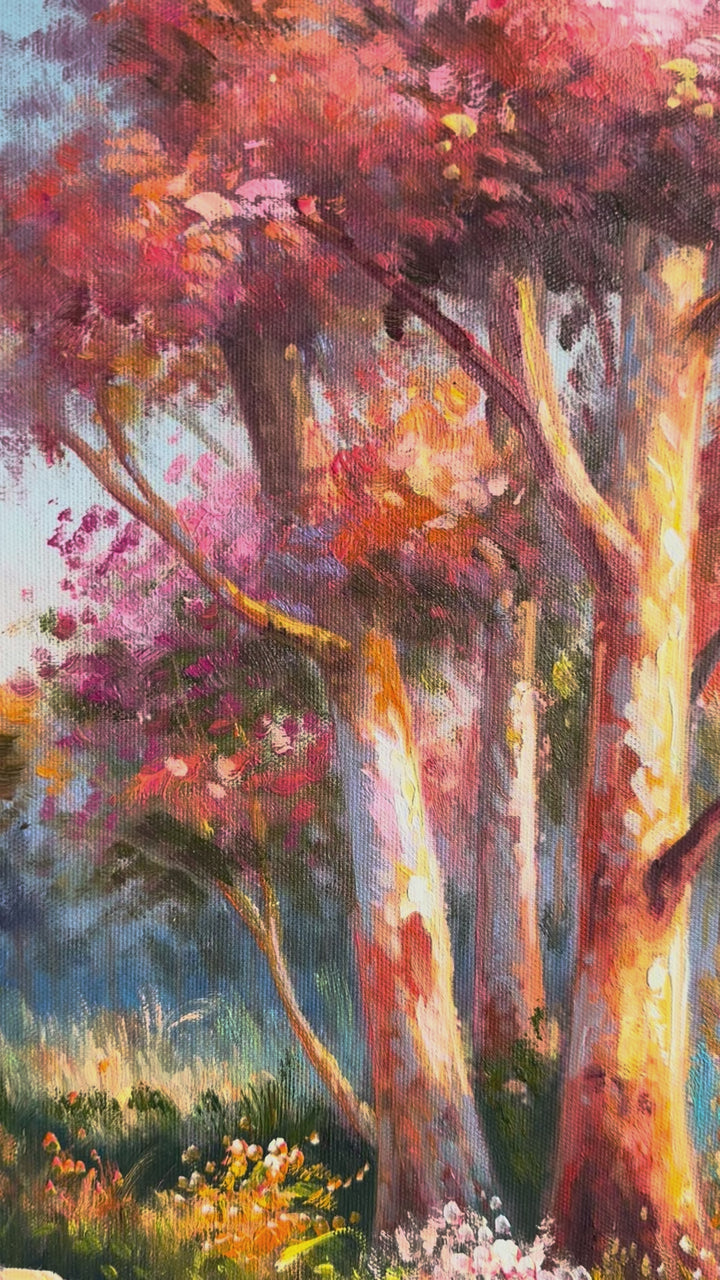 Original Australian Bush Lake Oil Painting - 60x90cm - Sunset Landscape with Pink Hues and Eucalyptus Trees - video close up of detail of oil painting