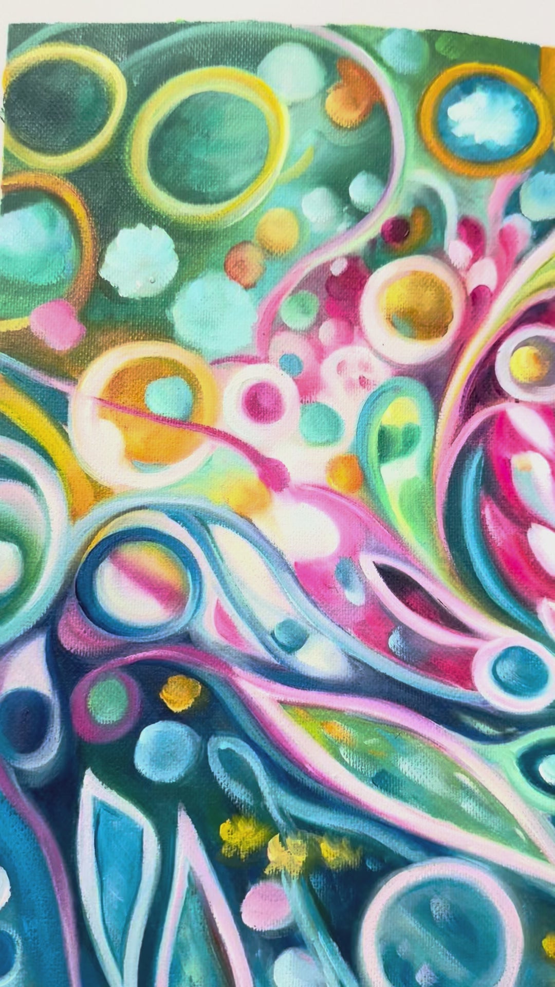 Original Abstract Botanical Oil Painting - 60x90cm - Waratah Blooms in Teal and Pink - video close up of detail of oil painting