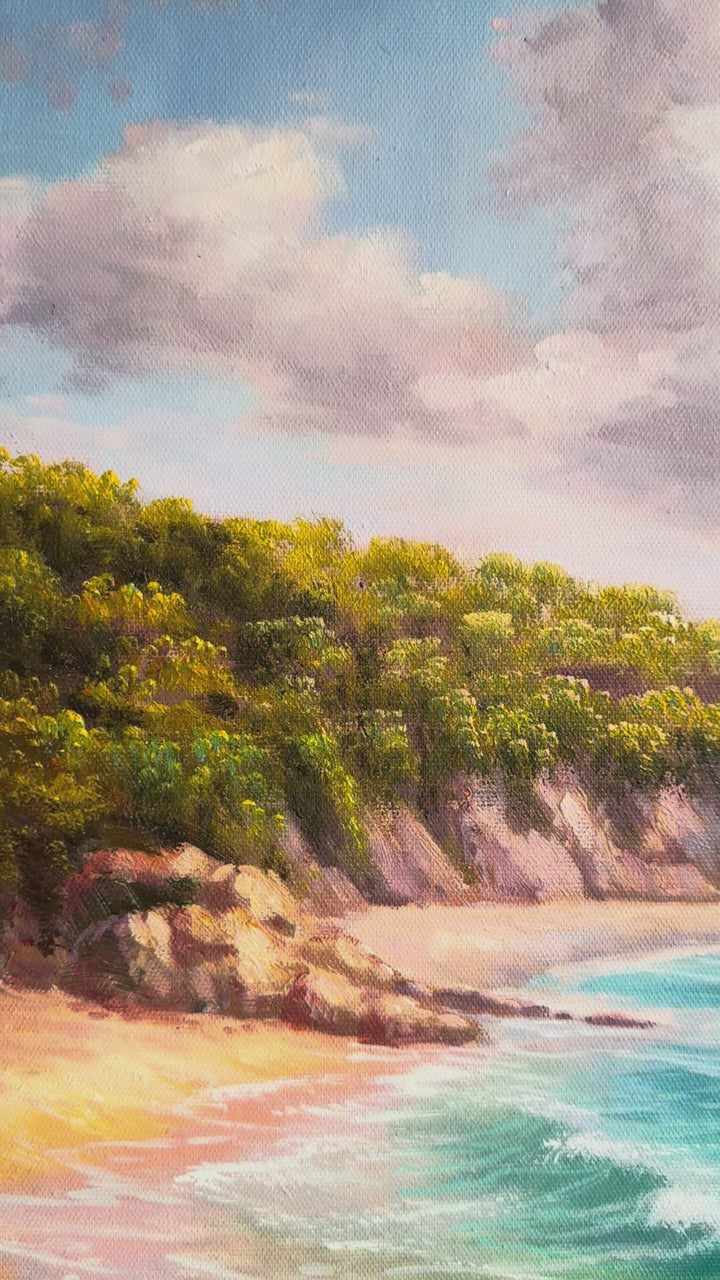 Original Australian Seascape Oil Painting - 60x90cm - Wildflowers Above Esperance, Coastal Landscape Art Version 1 - video close up detail of oil painting
