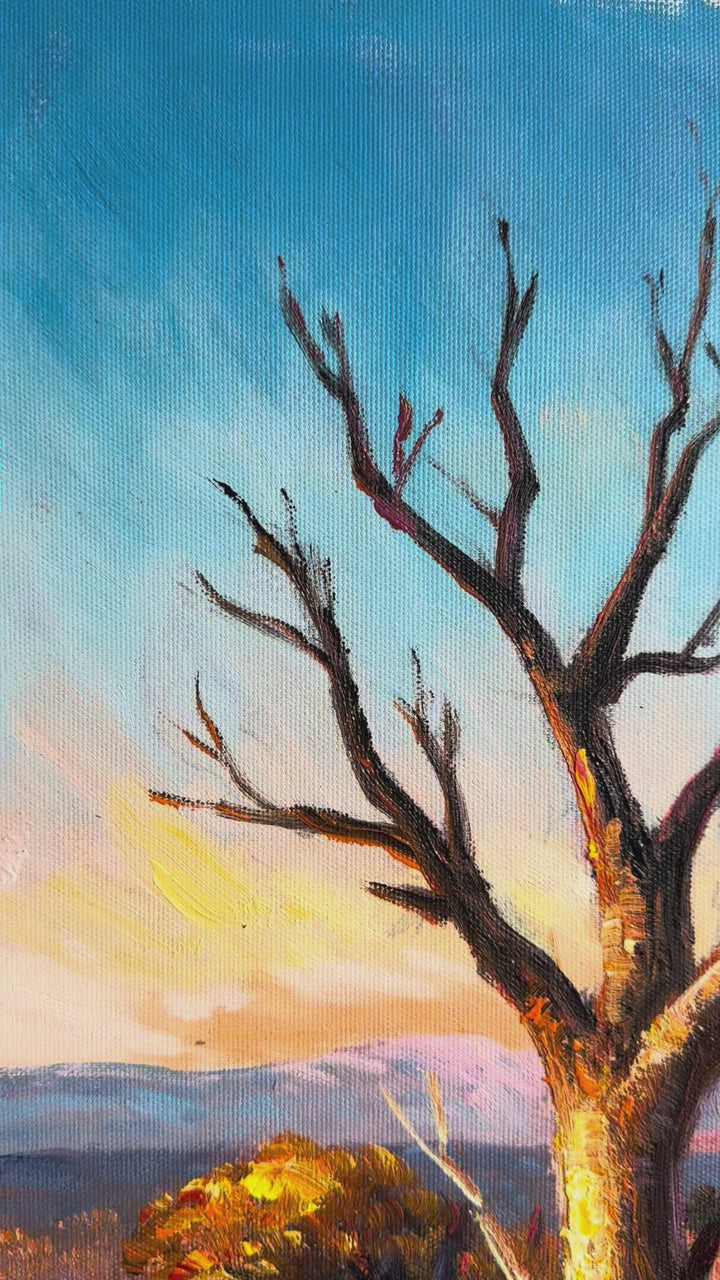 Original Australian Outback Oil Painting - 60x90cm - Red Desert Landscape with Mountain Range, Dramatic Nature Art - video of close up of detail of oil paitning
