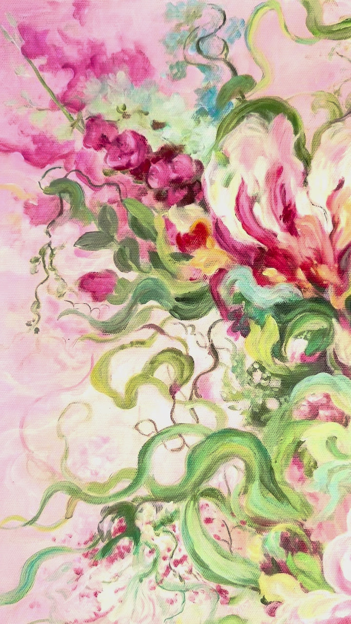Original Abstract Floral Oil Painting - 60x90cm - Pink Botanical Composition with Expressive Brushstrokes - video close up of detail of oil painting