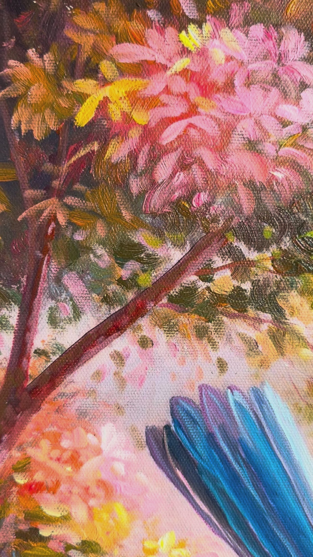 Original Fairy Wren Oil Painting - 60x90cm - Blue Fairy Wren on Mossy Branch, Colourful Australian Bird Art - video of close up detail of oil painting