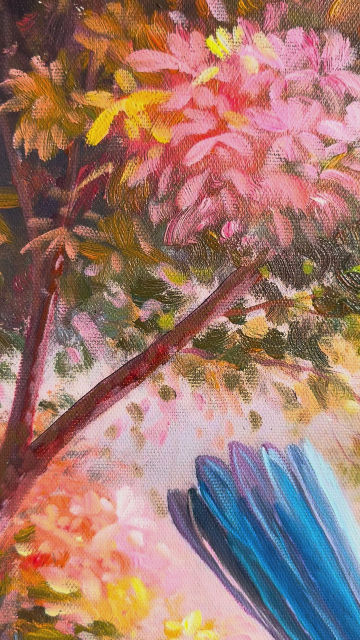 Original Fairy Wren Oil Painting - 60x90cm - Blue Fairy Wren on Mossy Branch, Colourful Australian Bird Art - video of close up detail of oil painting