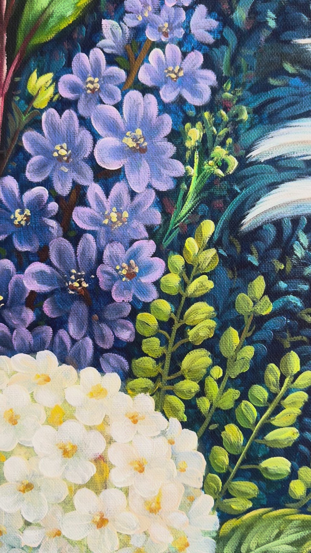 Original Cockatoo Oil Painting - 80x90cm - White Cockatoo with Floral Garden, Colourful Australian Bird Art - video of close up detail of oil painting
