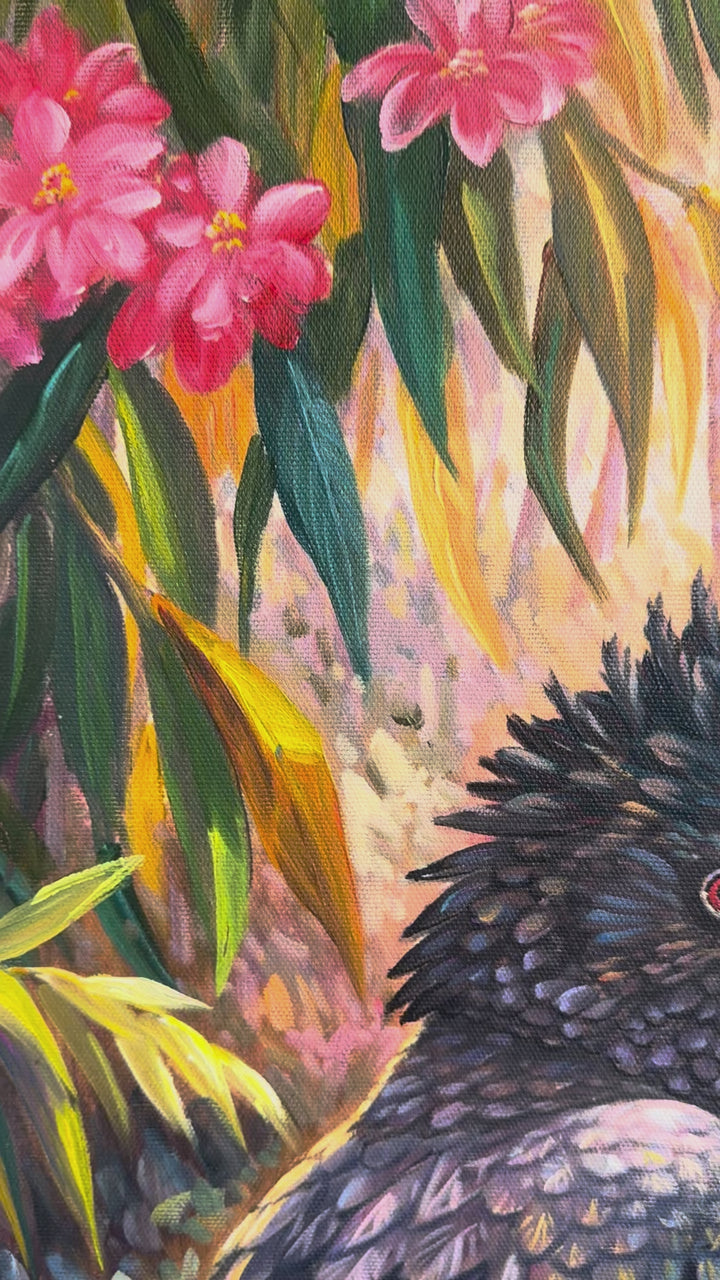 Original Australian Bush Oil Painting - 60x90cm - Red-Tailed Black Cockatoo by Forest Stream - video close up of detail of oil painting