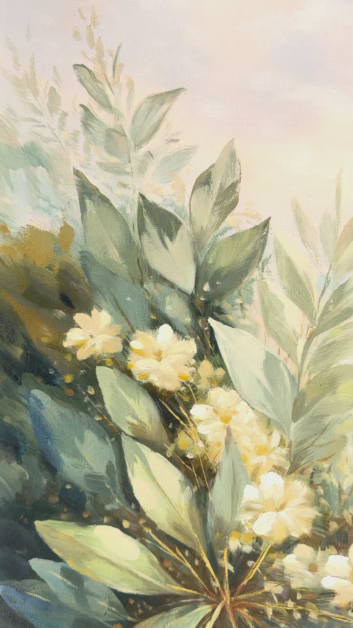 Original Coastal Botanical Oil Painting - 60x90cm - Panoramic Seascape with Native Foliage - video close up of detail of oil painting