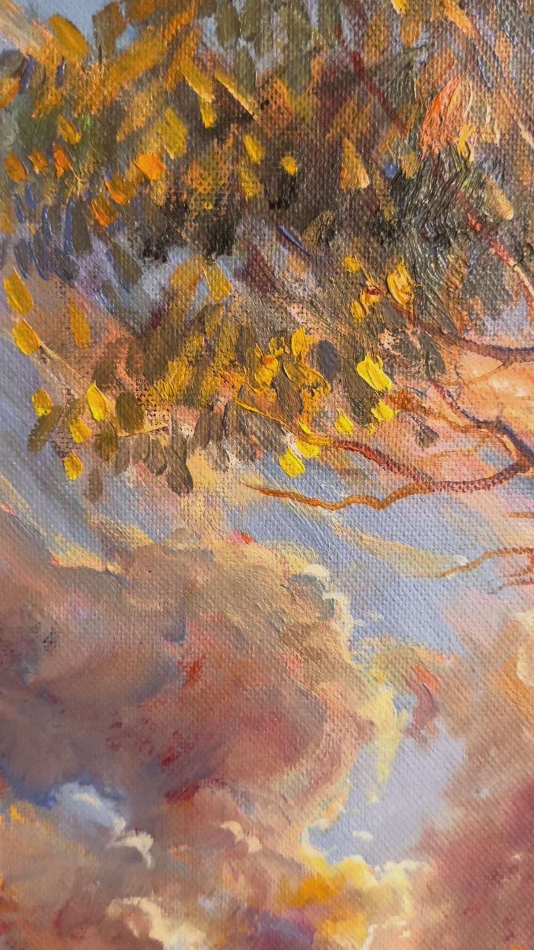 Original Australian Coastal Sunset Oil Painting - 60x90cm - Golden Light Over Ocean Path - video close up of detail of oil painting