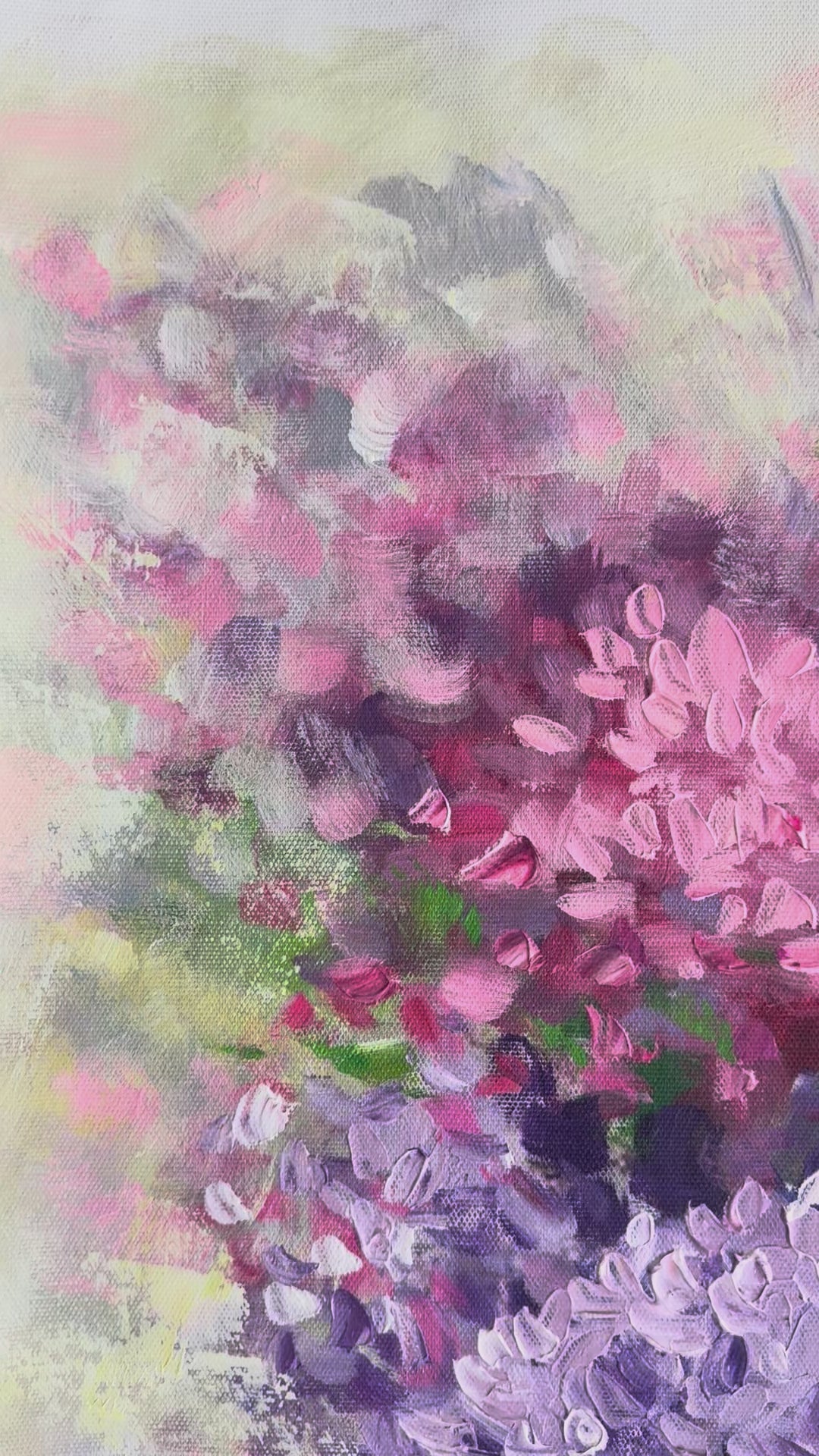 Original Abstract Floral Oil Painting - 60x90cm - Soft Pink, Lilac and White Botanical Composition - video close up of detail of oil painting