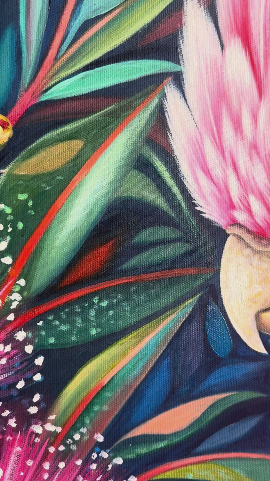 Original Galah Oil Painting - 80x90cm - Pink Galah Amongst Blossoms, Colourful Australian Bird Art - video of close up of oil painting