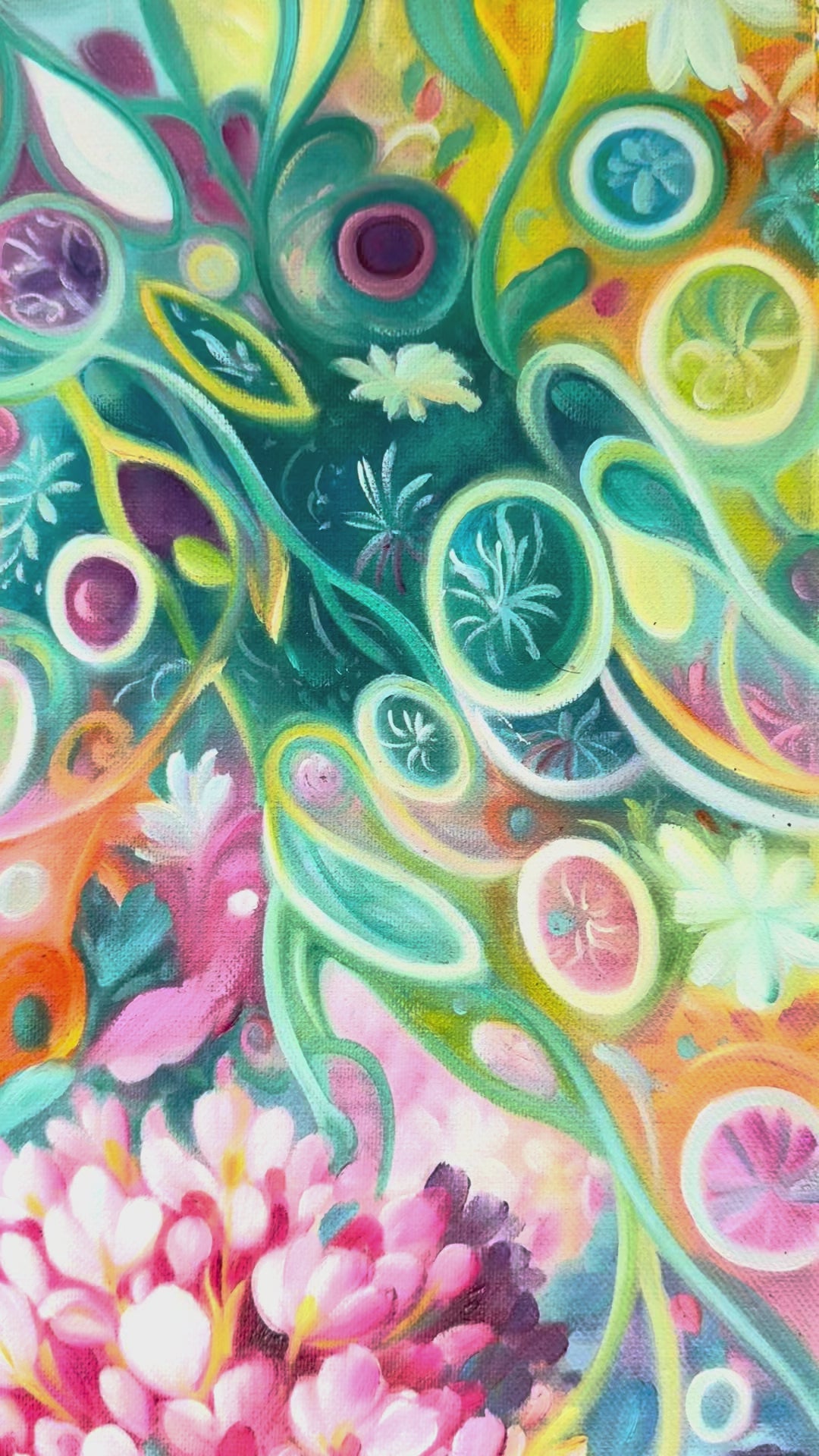 Original Abstract Floral Oil Painting - 60x90cm - Pink Blossoms on Teal Botanical Background - video close up of detail of oil painting