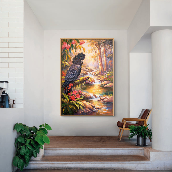 Original Australian Bush Oil Painting - 60x90cm - Red-Tailed Black Cockatoo by Forest Stream room mockup 2