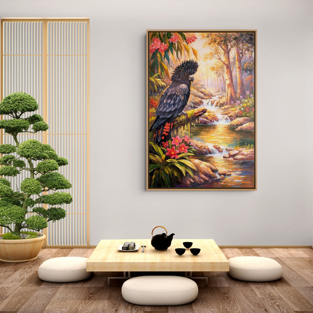 Original Australian Bush Oil Painting - 60x90cm - Red-Tailed Black Cockatoo by Forest Stream room mockup 1