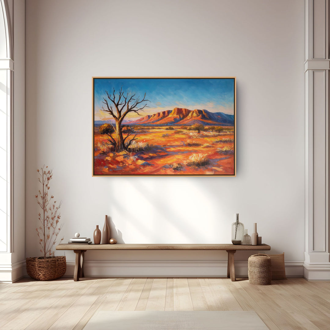 Original Australian Outback Oil Painting - 60x90cm - Red Desert Landscape with Mountain Range, Dramatic Nature Art mockup 2