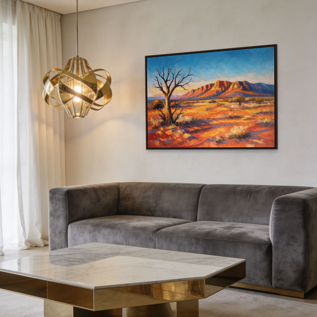 Original Australian Outback Oil Painting - 60x90cm - Red Desert Landscape with Mountain Range, Dramatic Nature Art mockup 1