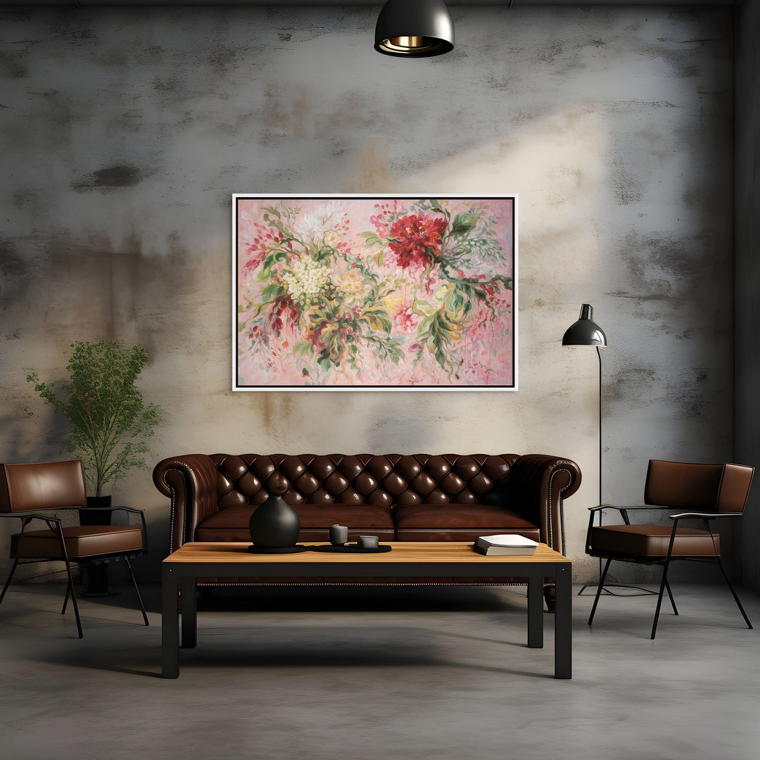 Original Abstract Floral Oil Painting - 60x90cm - Soft Pink Botanical Garden with Crimson Blooms