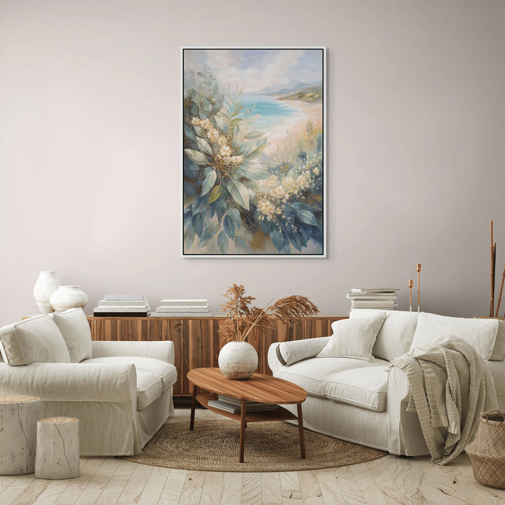 Original Coastal Botanical Oil Painting - 60x90cm - Soft Seascape with Native Foliage mockup