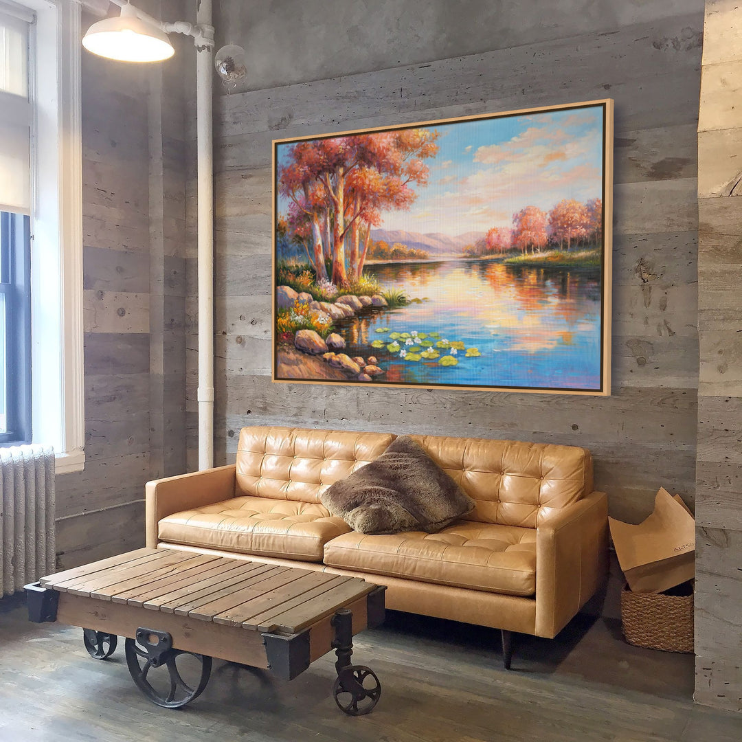 Original Australian Bush Lake Oil Painting - 60x90cm - Sunset Landscape with Pink Hues and Eucalyptus Trees mockup 2