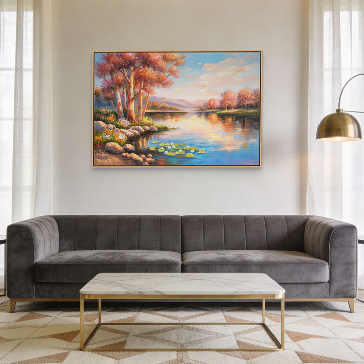 Original Australian Bush Lake Oil Painting - 60x90cm - Sunset Landscape with Pink Hues and Eucalyptus Trees mockup 1