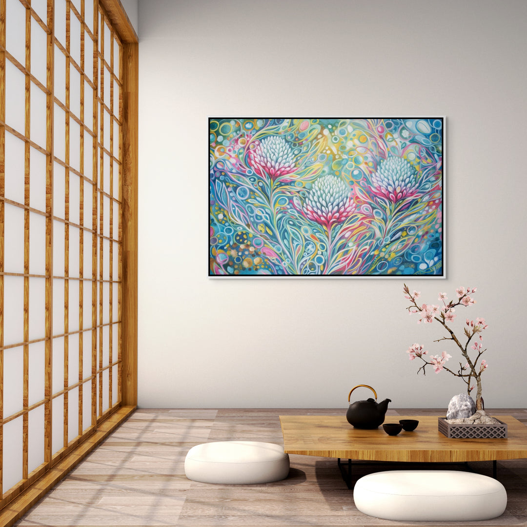 Original Abstract Botanical Oil Painting - 60x90cm - Waratah Blooms in Teal and Pink mockup