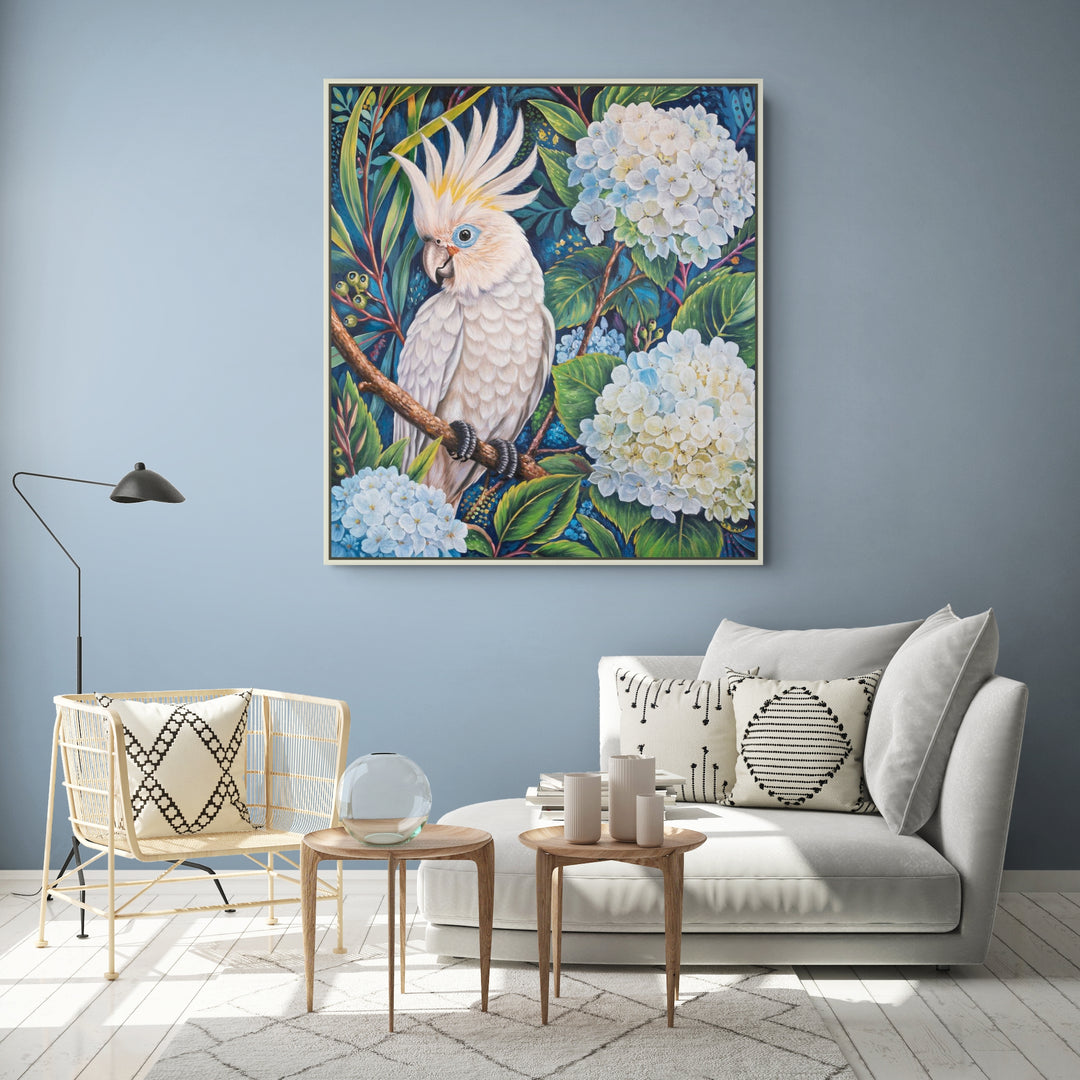 Original Cockatoo Oil Painting - 80x90cm - White Cockatoo in White Floral Garden, Colourful Australian Bird Art room mockup 1