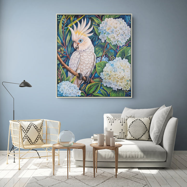 Original Cockatoo Oil Painting - 80x90cm - White Cockatoo in White Floral Garden, Colourful Australian Bird Art room mockup 1