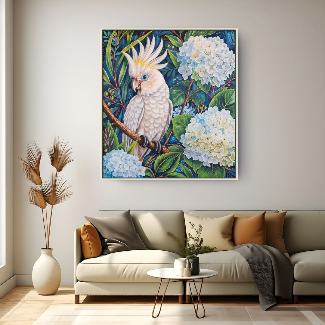 Original Australian Cockatoo Limited Edition Canvas Print - White Cockatoo in White Floral Garden Wall Art room mockup 2