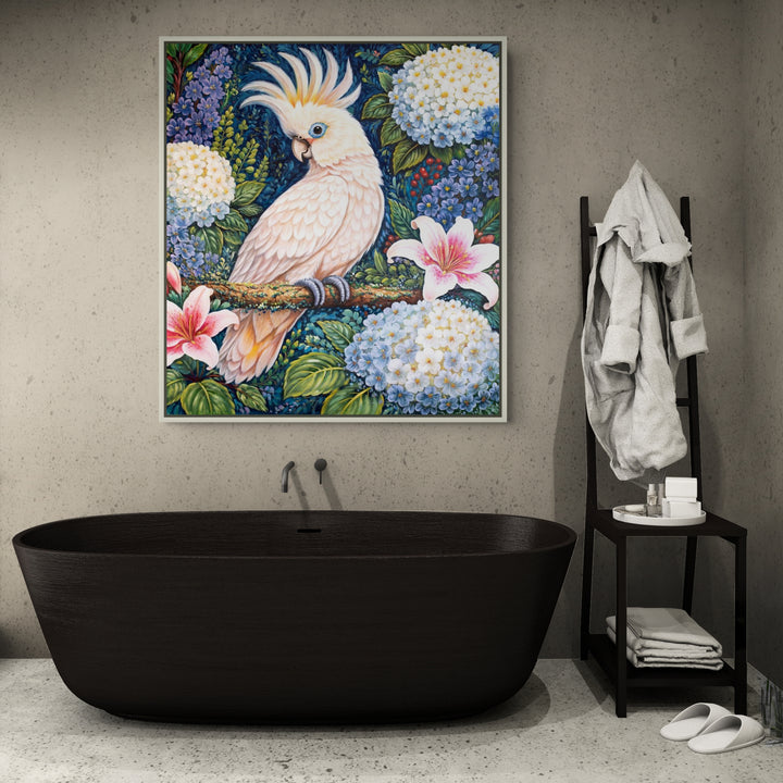 Original Cockatoo Oil Painting - 80x90cm - White Cockatoo with Floral Garden, Colourful Australian Bird Art room mockup 2