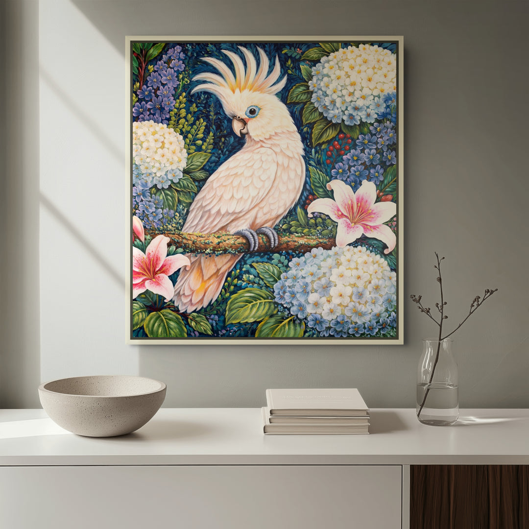 Original Australian Cockatoo Limited Edition Canvas Print - White Cockatoo with Floral Garden Wall Art room mockup 2