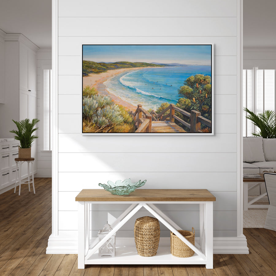 Original Coastal Pathway Oil Painting 60x90cm - Wooli Beach with Turquoise Waters mockup