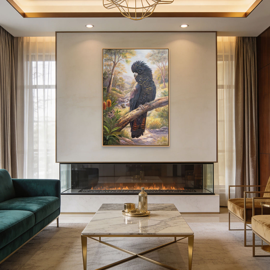 Original Australian Yellow-Tailed Black Cockatoo Limited Edition Canvas Print - Quiet Bush Stream Wall Art mockup 1