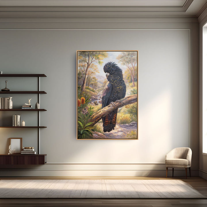 Original Black Cockatoo Oil Painting - 60x90cm - Yellow-Tailed Black Cockatoo by Quiet Bush Stream, Australian Landscape Art mockup 2