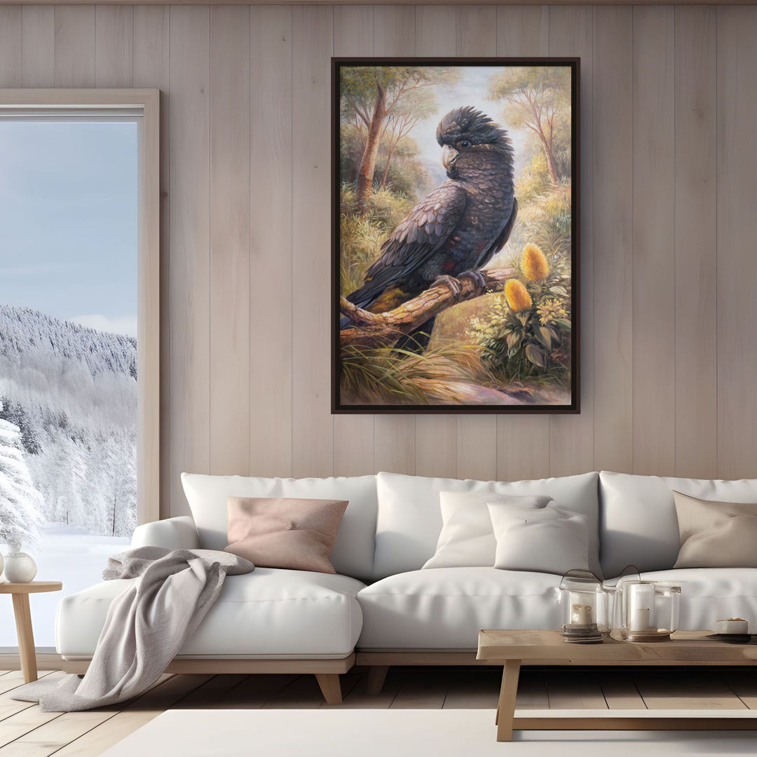 Original Black Cockatoo Oil Painting - 60x90cm - Yellow-Tailed Black Cockatoo in Native Bush Landscape mockup 2