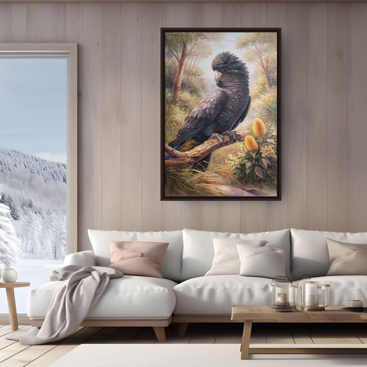 Original Black Cockatoo Oil Painting - 60x90cm - Yellow-Tailed Black Cockatoo in Native Bush Landscape mockup 2